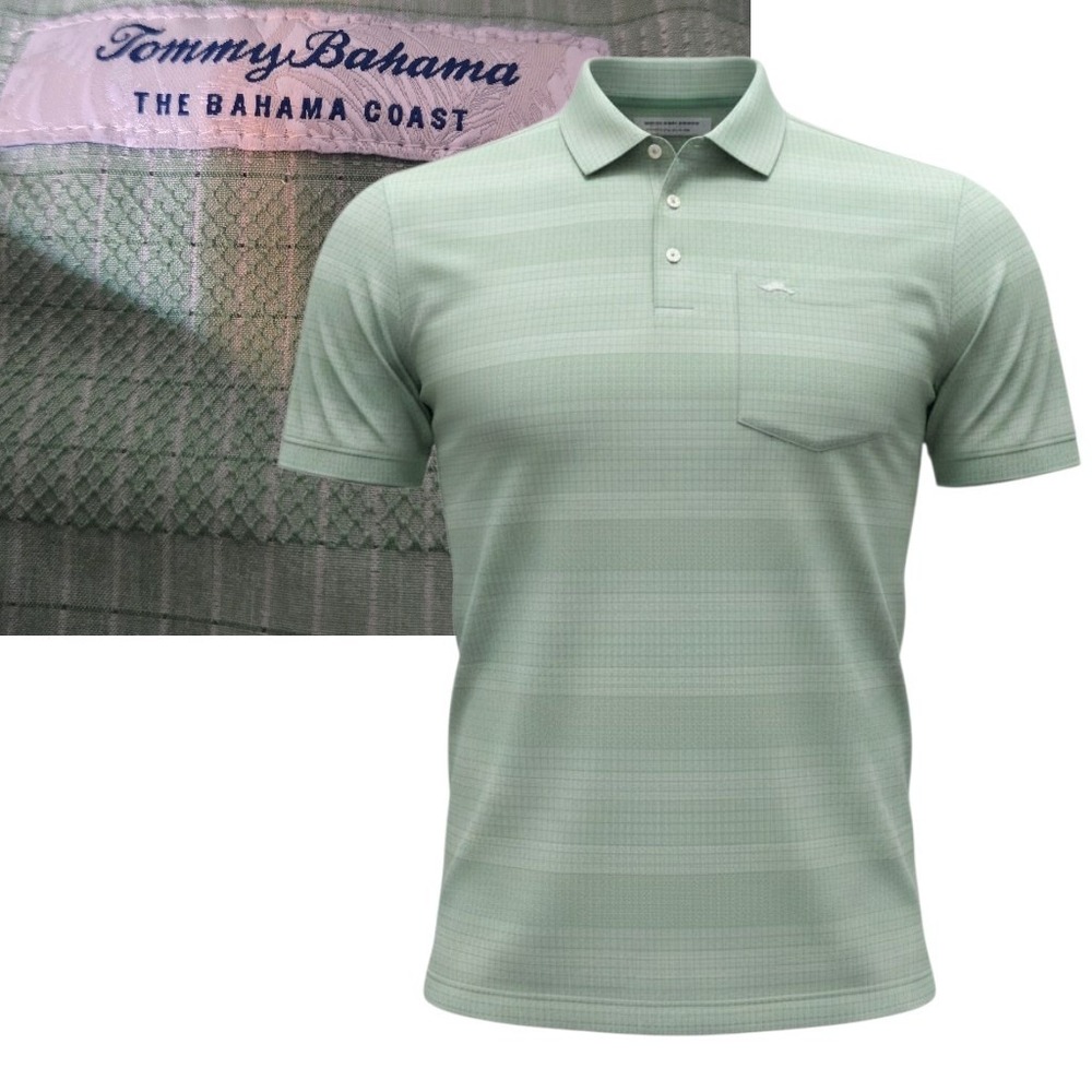 Tommy Bahama Polo Shirt Men XLT Green Striped The Bahama Coast Short Sleeve Tall